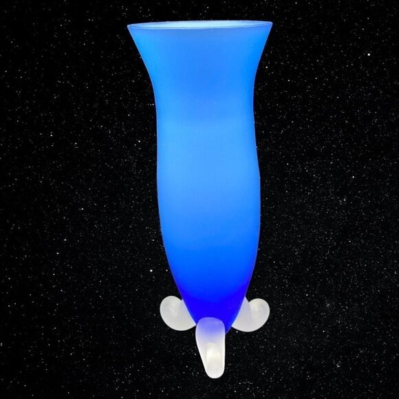 Art Glass Frosted Satin Footed Blue Clear Bud Vase 7”T 3”W - Picture 2 of 7